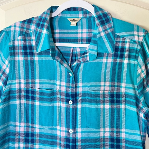 Woolrich Plaid Flannel Shirt Long Sleeve Turquoise, Navy and Pink - Picture 3 of 7